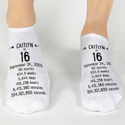 Fun custom one of a kind milestone birthday socks personalized with name and birth date