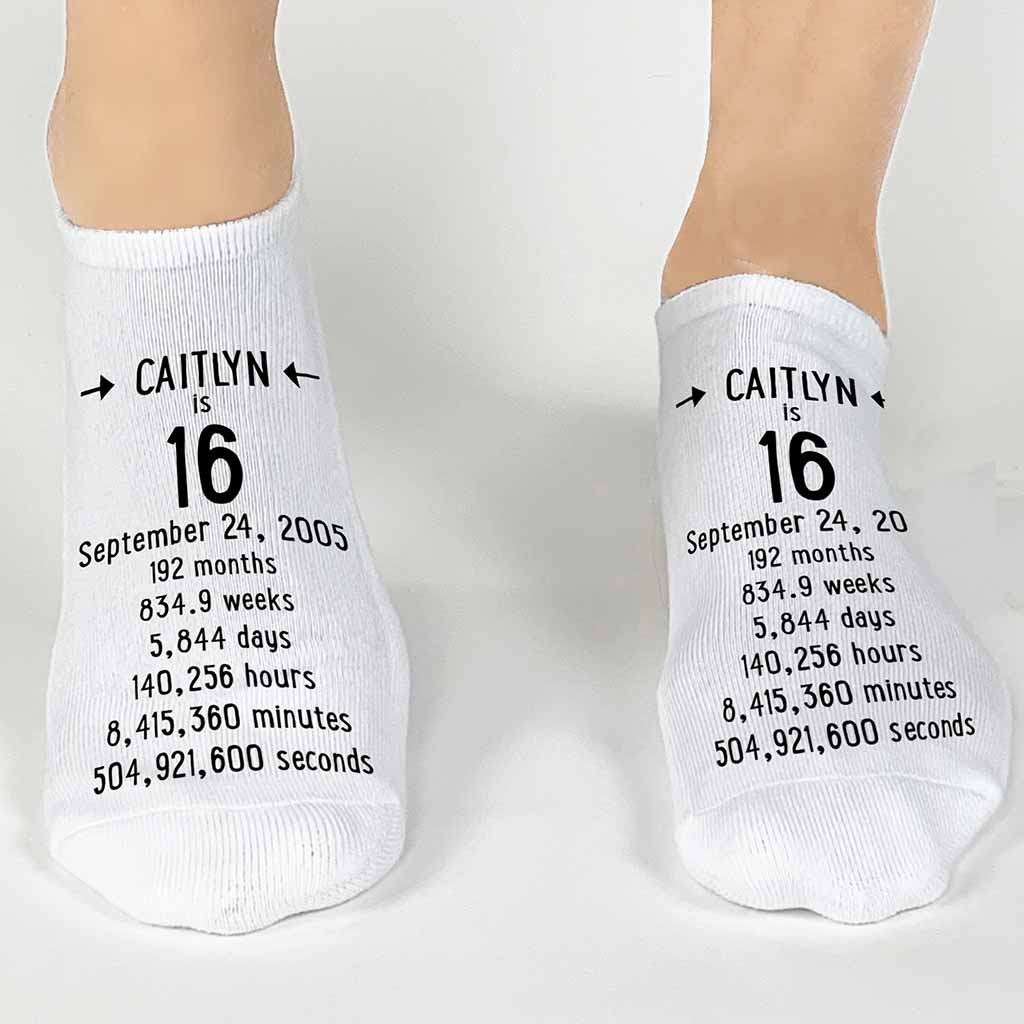 Fun custom one of a kind milestone birthday socks personalized with name and birth date