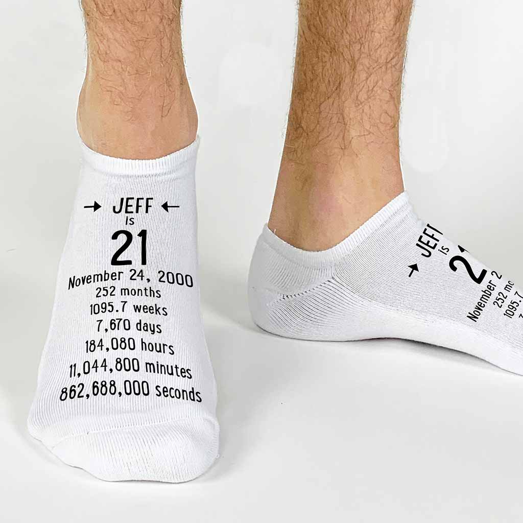Fun personalized no show cotton milestone socks printed with name and birth date