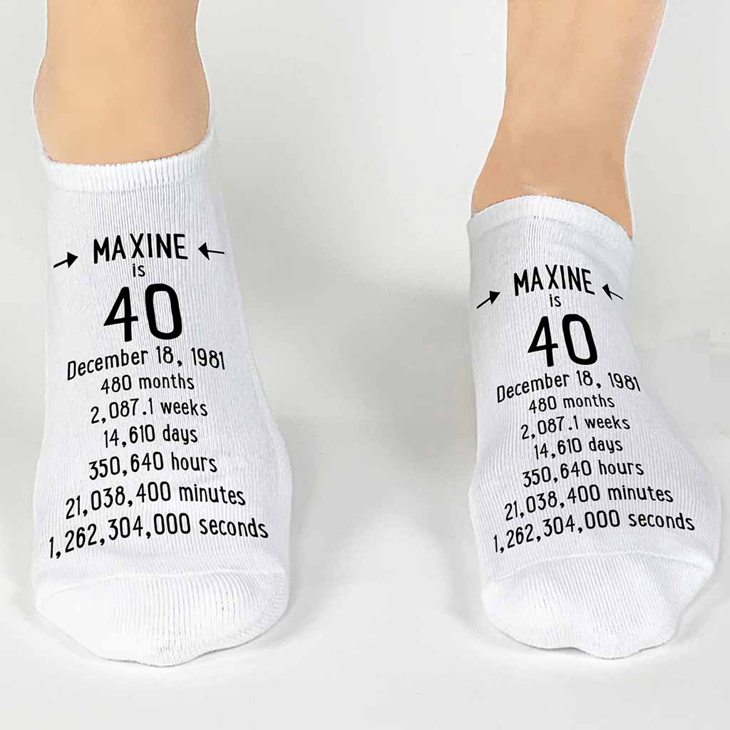 Fun cotton no show milestone socks digitally printed with name and date of birth