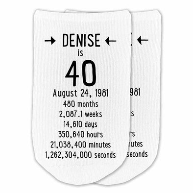 Funny milestone birthday socks custom printed with name and date of birth