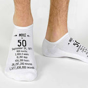 Fun personalized milestone birthday socks digitally printed with name and birthday