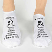 Custom personalized milestone birthday socks digitally printed name and date of birth