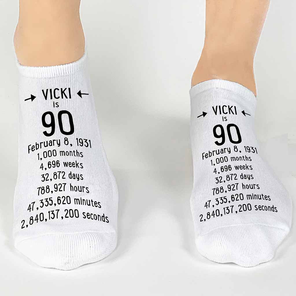 Custom no show cotton socks digitally printed and personalized milestone birthday socks with name and date of birth
