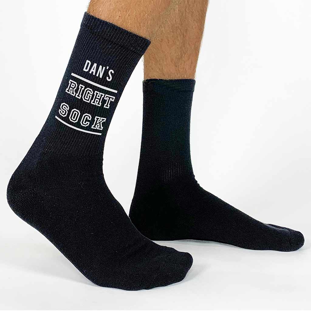 Funny right and left socks personalized with a person's name printed on cotton crew socks