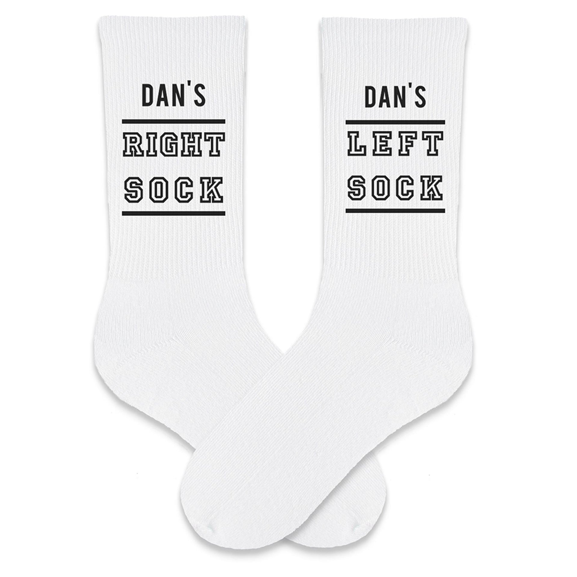 Your name with right and left custom printed on crew socks.
