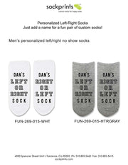 Personalized right or left with person's name custom no show socks in white or heather gray