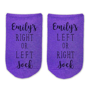 Custom comfy cotton no show socks digitally printed with person's name and right or left