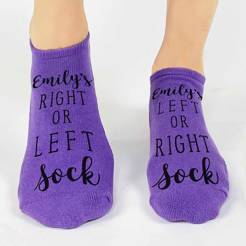 Custom comfy cotton no show socks digitally printed with person's name and right or left