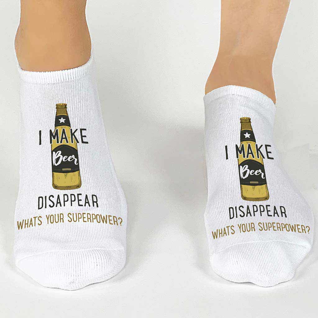 Custom printed no show make beer disappear socks.