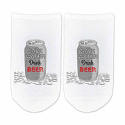 Save water drink beer design custom printed on no show socks.