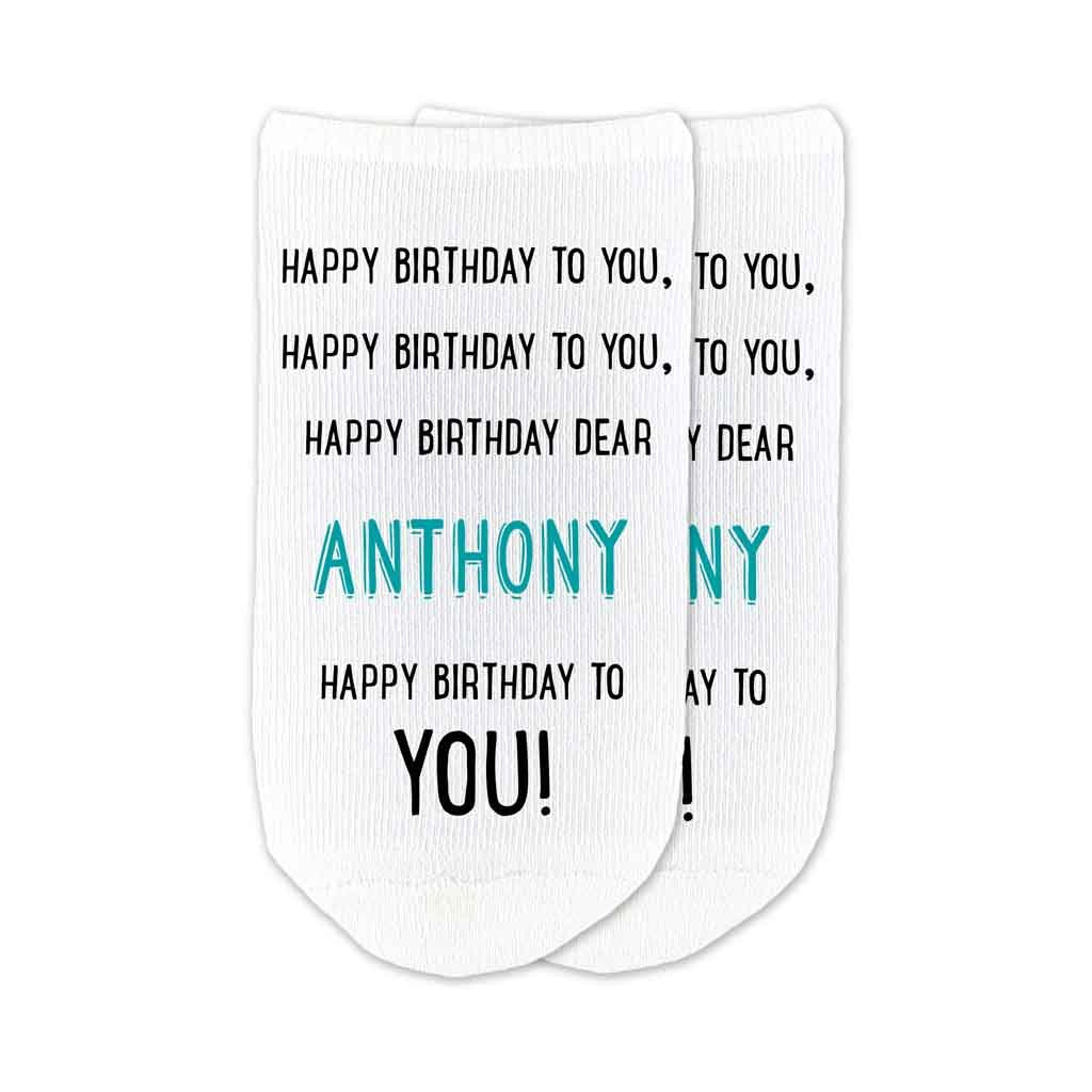 Fun custom no show cotton socks digitally printed with happy birthday to you and the persons name make a great gift
