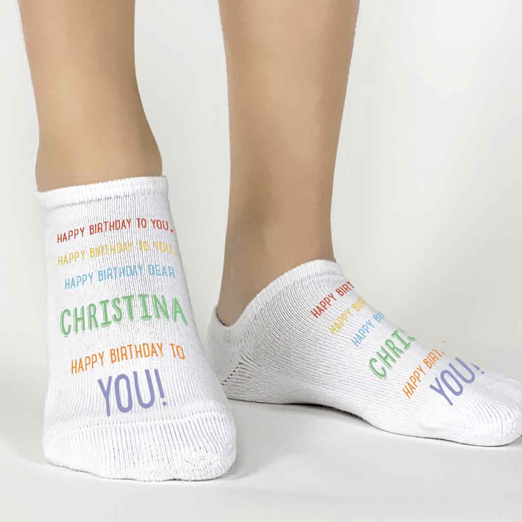 Custom no show cotton socks digitally printed with happy birthday to you and a person's name