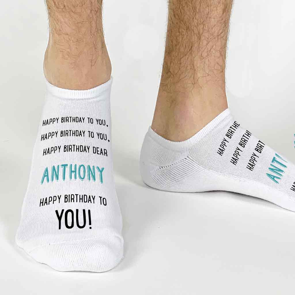 Fun happy birthday to you no show socks personalized with name