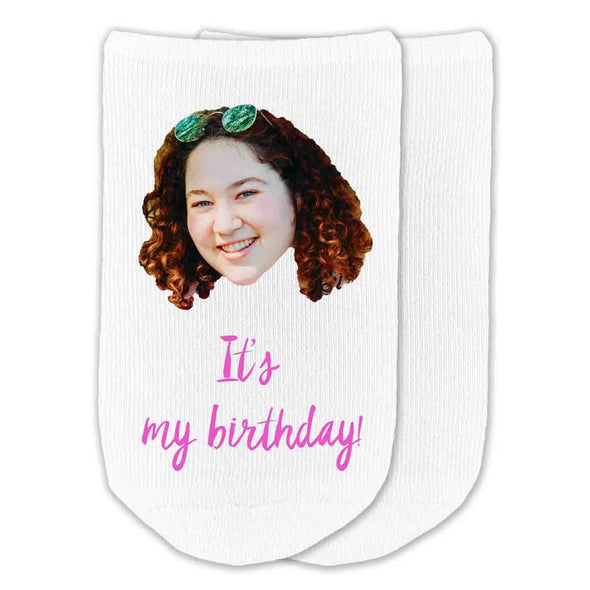 It's My Birthday custom printed on no show cotton socks with photo