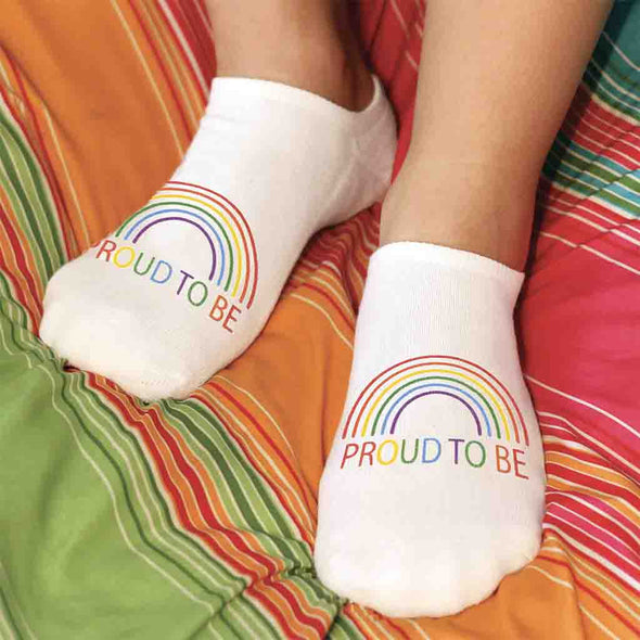 Rainbow design and proud to be custom printed on cotton no show socks