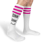 Super cute striped knee high socks custom printed dink dink smash on the side of the socks designed by sockprints.
