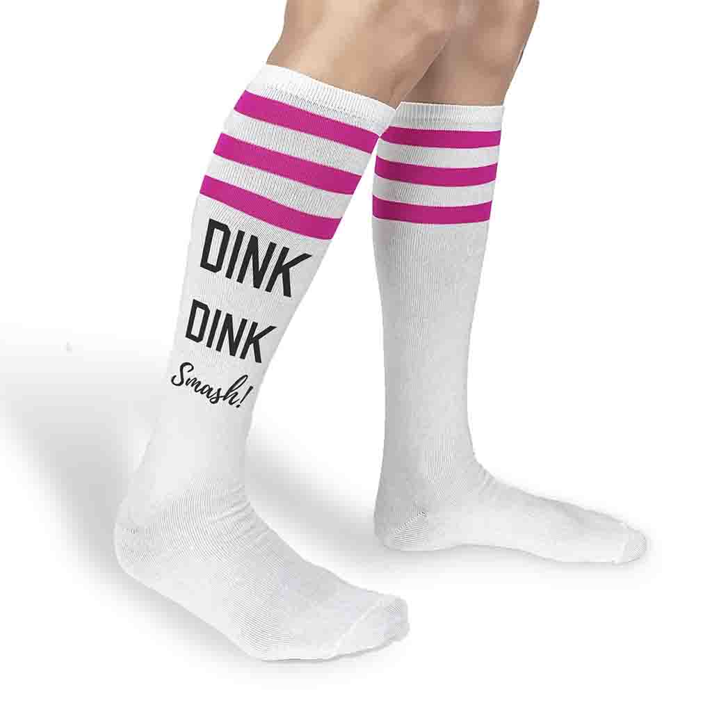 Super cute striped knee high socks custom printed dink dink smash on the side of the socks designed by sockprints.