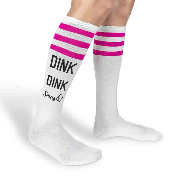 Super cute striped knee high socks custom printed dink dink smash on the side of the socks designed by sockprints.