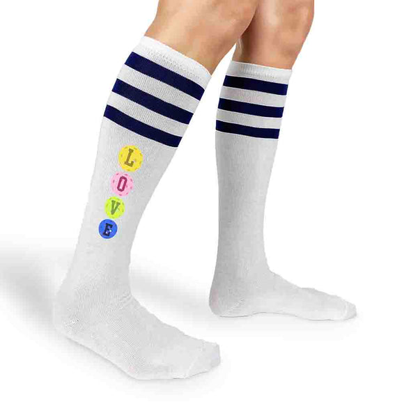 Love design dink dink smash custom printed on the side of the knee high socks by sockprints.