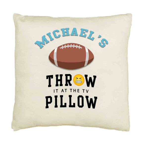 Football fan throw it at the TV pillow design custom printed on cotton canvas throw pillow cover.