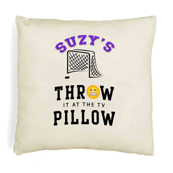 Hockey fan personalized throw it as the TV pillow cover digitally printed and personalized with your name.