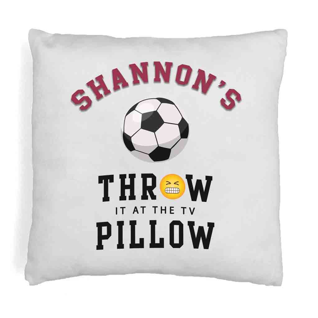 Soccer fan personalized throw it as the TV pillow cover digitally printed and personalized with your name.