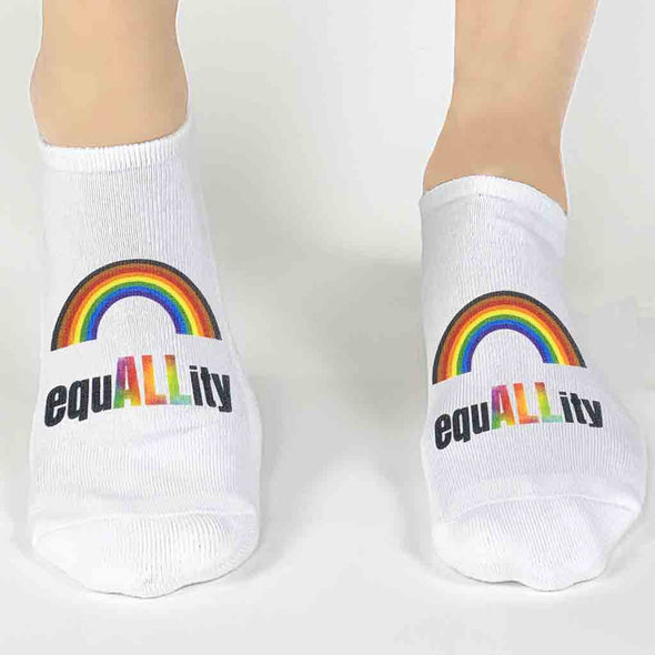 EquALLity for all and rainbow design custom printed on cotton no show socks