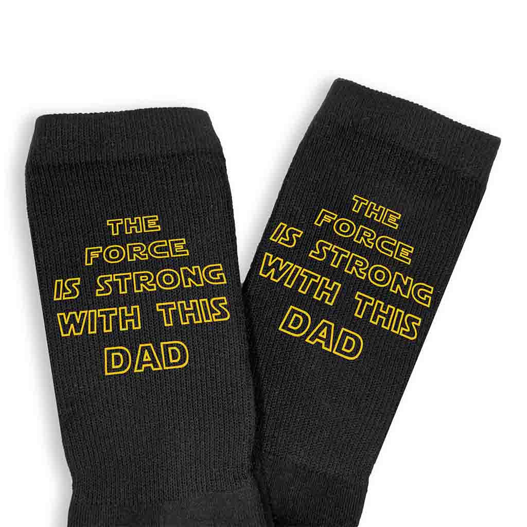 The force is strong with this Dad digitally printed on black crew socks.