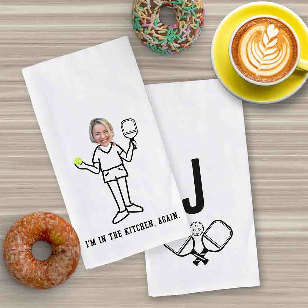 I'm in the kitchen again pickleball player digitally printed on two piece dish kitchen towel set personalized with your photo and initial with cute design.