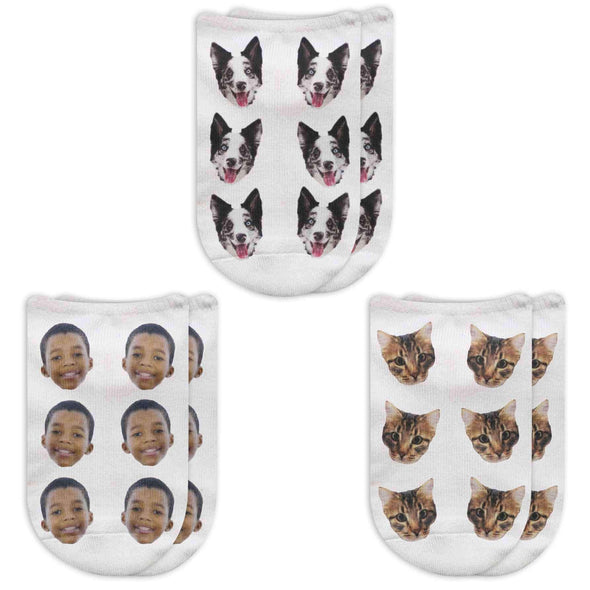 Custom printed photo face socks personalized using your photo face cropped into the design and printed all over the top of the white cotton on show footie socks is the perfect unique gift.