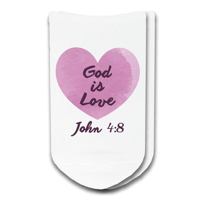 God is love John 4:8 custom printed on no show socks.