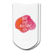 Love one another custom printed on no show socks.