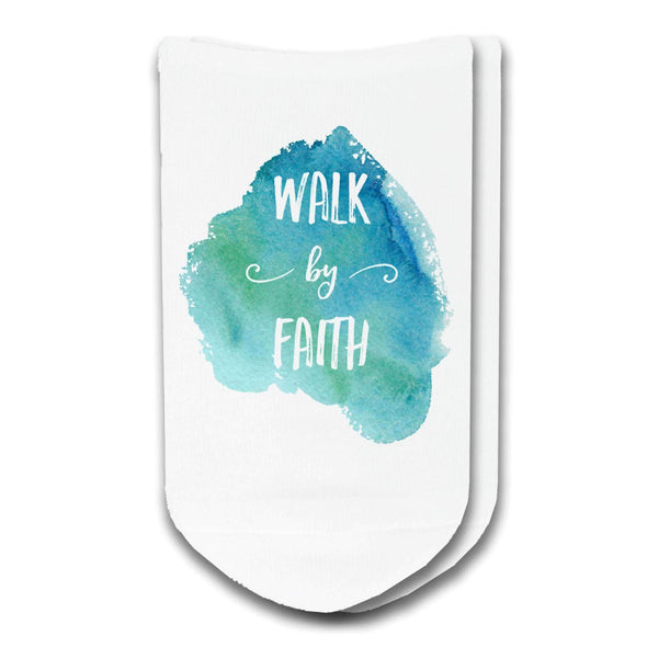 Walk by faith custom printed on white cotton no show socks.