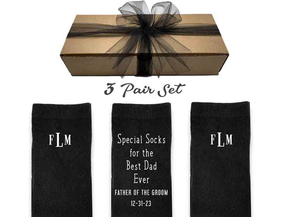 Monogrammed wedding socks for the father of the groom in a three pair gift box set.