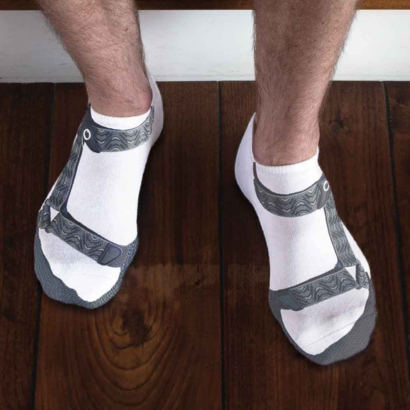 Novelty socks with mens sandals digitally printed on white cotton no show socks with classic or gripper soles.