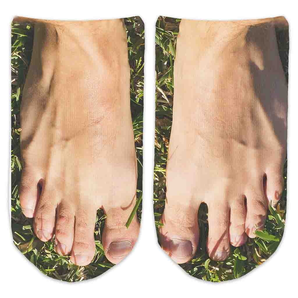 Cool original design by socksprints, custom printed grass covered feet socks printed on white cotton no show socks.