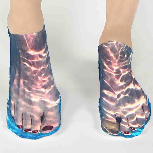 Original design by socksprints these digitally printed ladies feet underwater are custom printed on no show gripper sole socks.