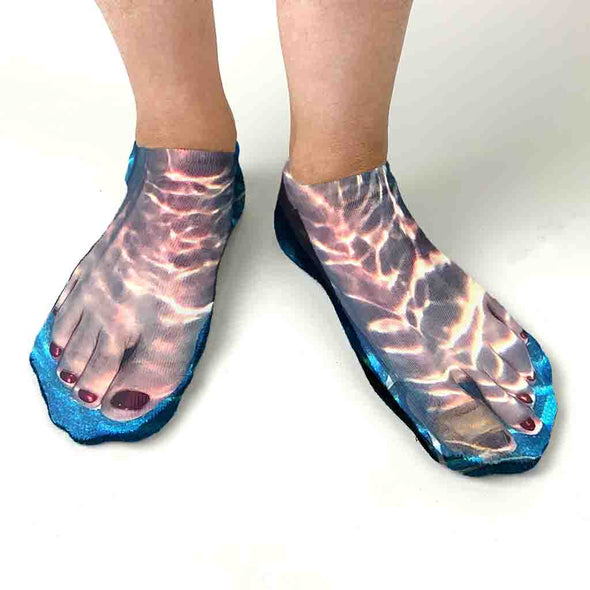 Original design by socksprints these digitally printed women's feet underwater are custom printed on no show gripper sole socks.
