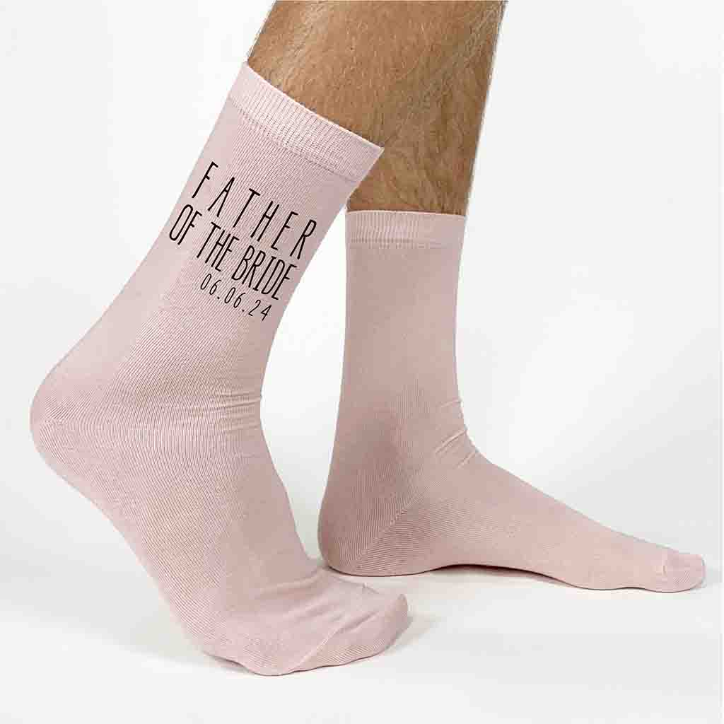 Blush flat knit dress socks custom printed and personalized with your wedding date made just for the father of the bride.