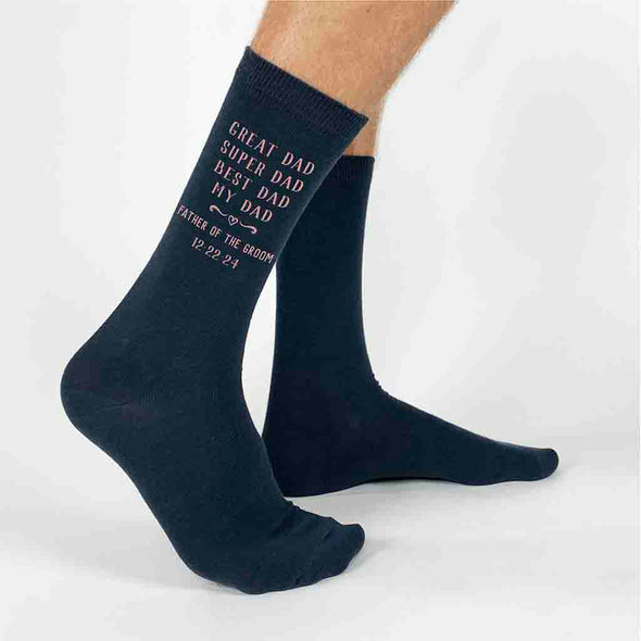 Best dad design custom printed on flat knit dress socks in colored ink make the perfect wedding day accessory.