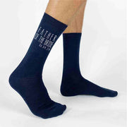Navy flat knit socks printed with father of the bride and personalized with our wedding date make the perfect accessory gift for your Dad on your special day.