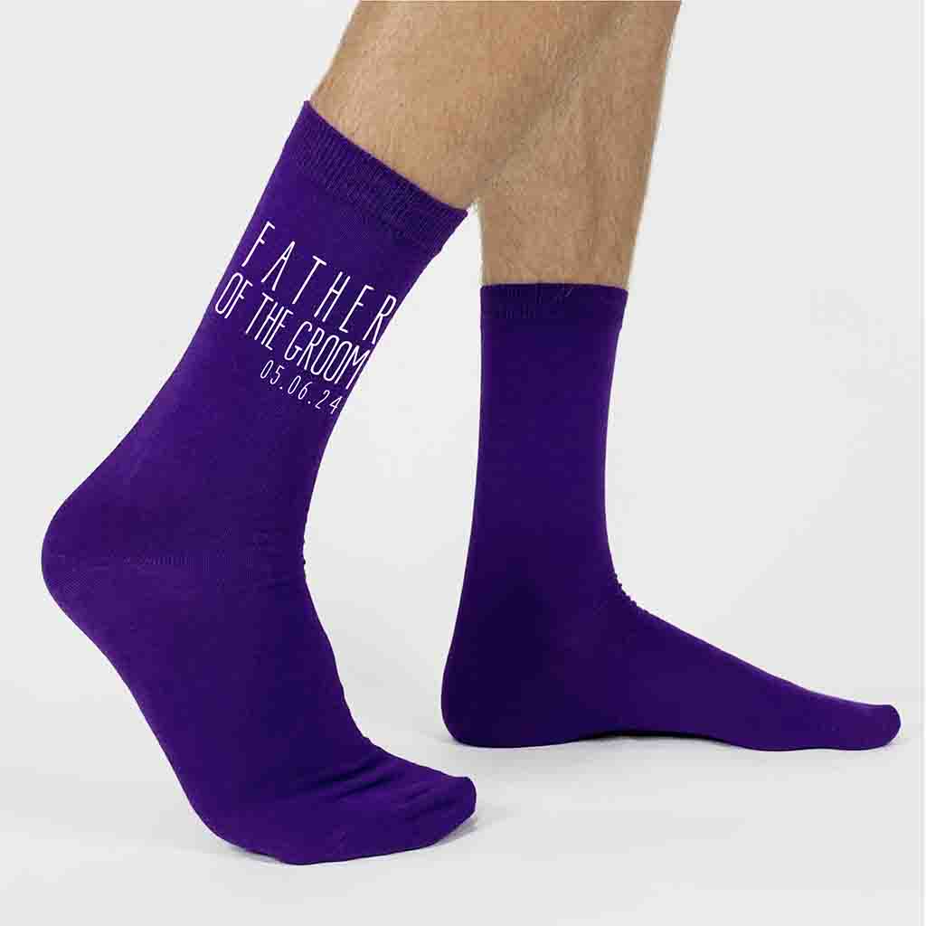 Purple flat knit dress socks custom printed with father of the groom and your wedding date make the perfect accessory.