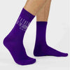 Purple flat knit dress socks custom printed with father of the groom and your wedding date make the perfect accessory.