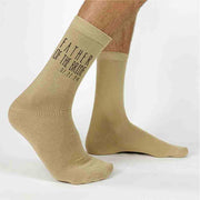 Custom printed father of the bride wedding day socks custom printed with your wedding date and cute saying.