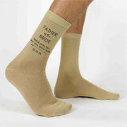 Tan flat knit dress socks custom printed with father  of the bride and your wedding date.