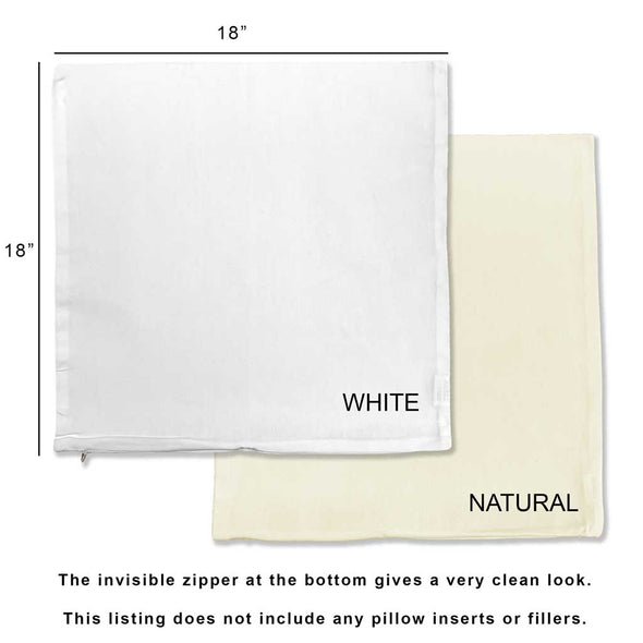 Flat cotton throw pillow in white or natural canvas sizing chart.