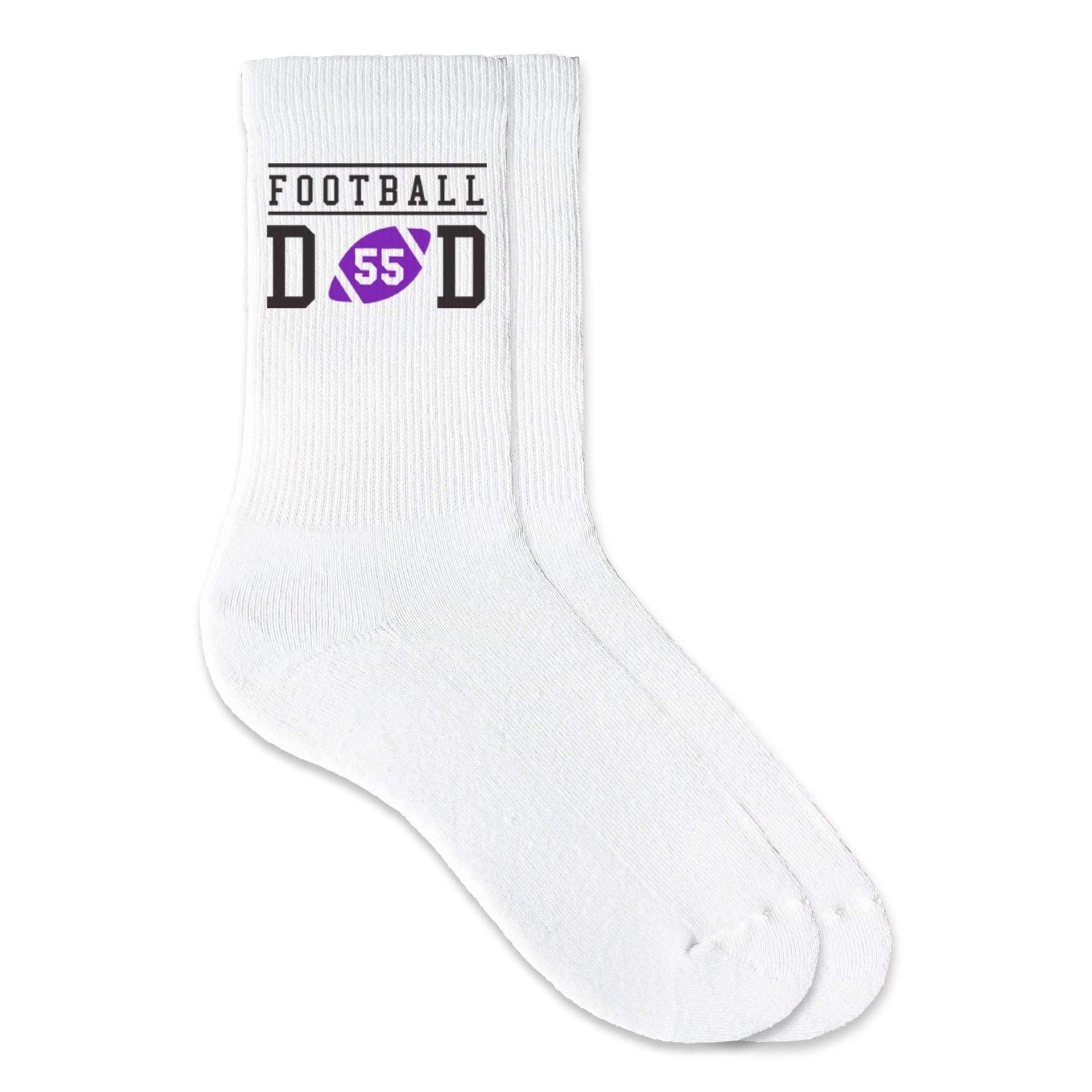 Football Dad custom printed on crew socks.