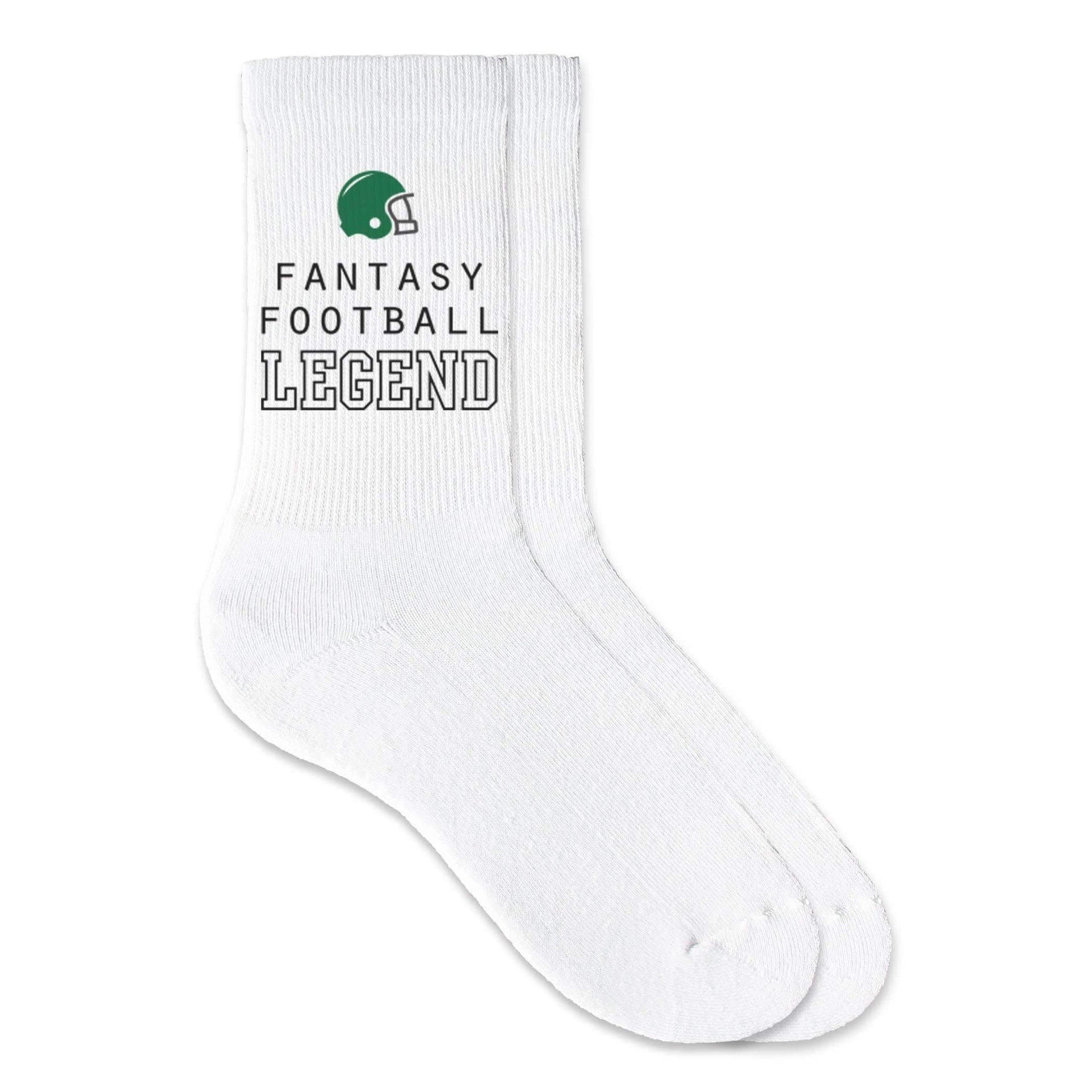 Fantasy football legend custom printed on crew socks.