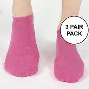 Super soft fuchsia cotton blend no show socks available in three sizes sold as a three pair pack in same size and color.